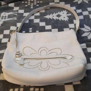 Brighton Winter White Pepple Leather Embroidered Flower Shoulder Handbag